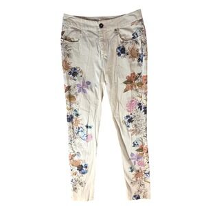 Pink Mary Ivory Floral Embellished Slim Pants Rhinestones Pearls Small
